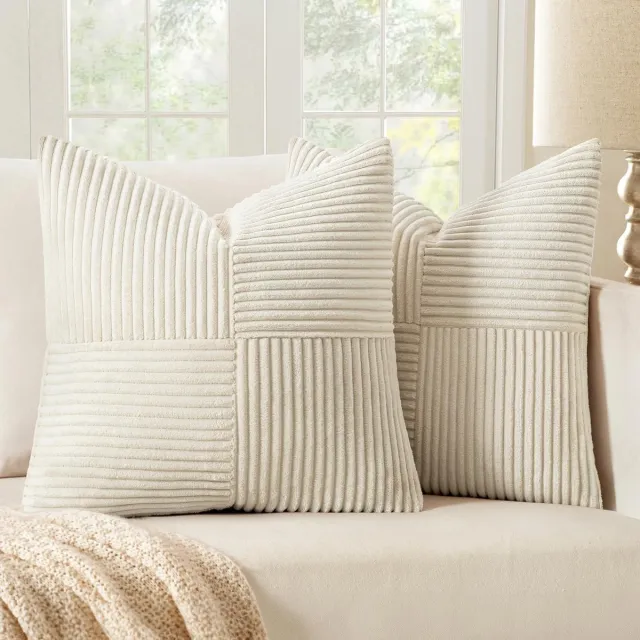 Famanu Corduroy ribfluweel kussenhoezen set van 2 (60x60 cm) – crèmewit – superzachte decoratieve kussenslopen – bank/bed