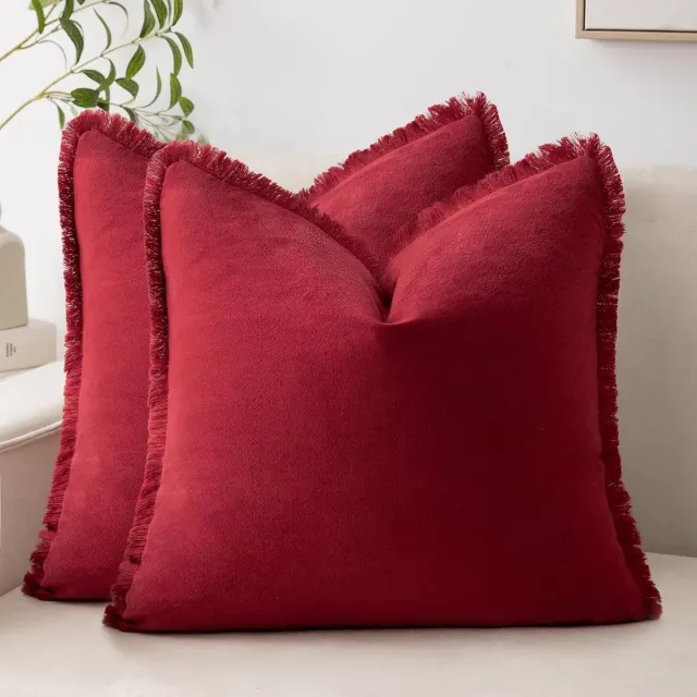 KZQ Kussenhoezen – Kussenhoezen met kwastjes – Decoratieve kussenslopen in bohemian-stijl – Set van 2 – Geschikt voor banken, bedden, woonkamers, slaapkamers en woondecoratie in landelijke stijl – Rood
