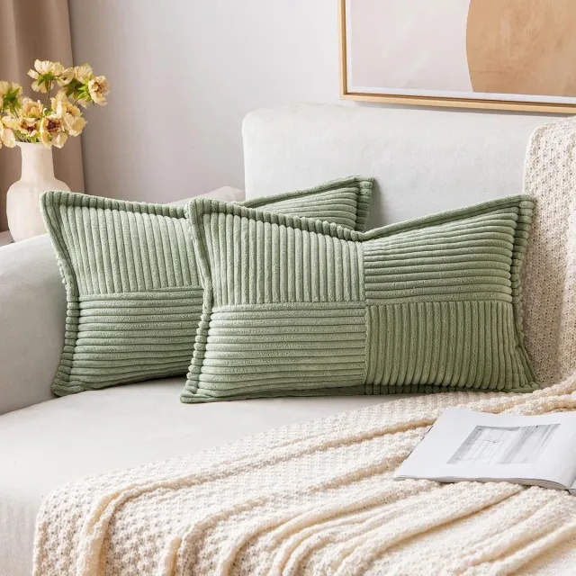 Famanu Corduroy kussenhoezen 30x50 cm groen set 2, zacht sierkussen, moderne kussenslopen voor woonkamer slaapkamer