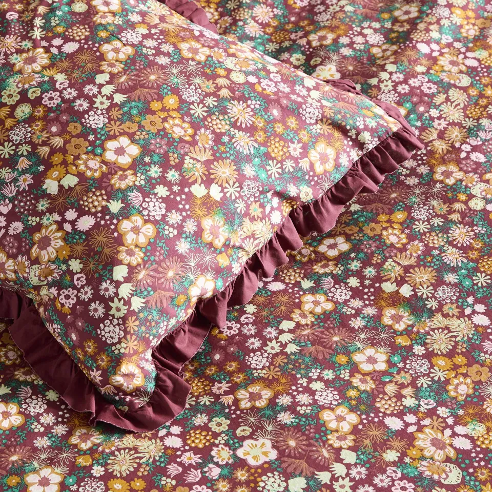 NOUS Living katoenen gebloemd 2-persoons dekbedovertrek 200x220 cm - donkerrood