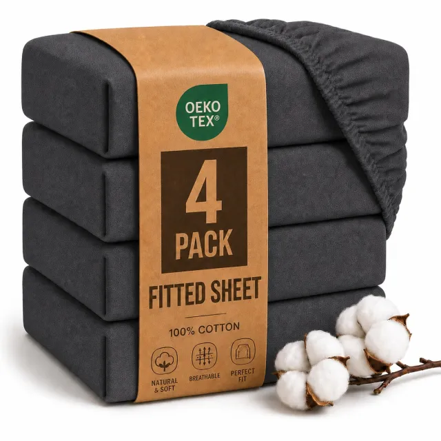 Komfortec Jersey Stretch 4-delige Hoeslaken Set 90x200 cm, Dubbelpak, 23 cm Matrasdikte, Rondom Elastiek, 100% Katoen, Antraciet