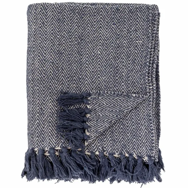 Bloomingville Visgraat Plaid Blauw - Gerecycled katoen - 130x160 cm donkerblauw