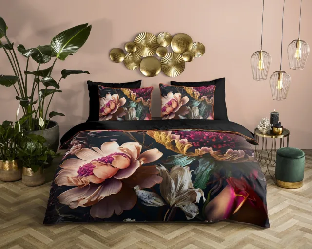 Descanso dekbedovertrek bloemen - Lits jumeaux 240x200/220 cm - Antraciet - 100% Katoen satijn Anthracite