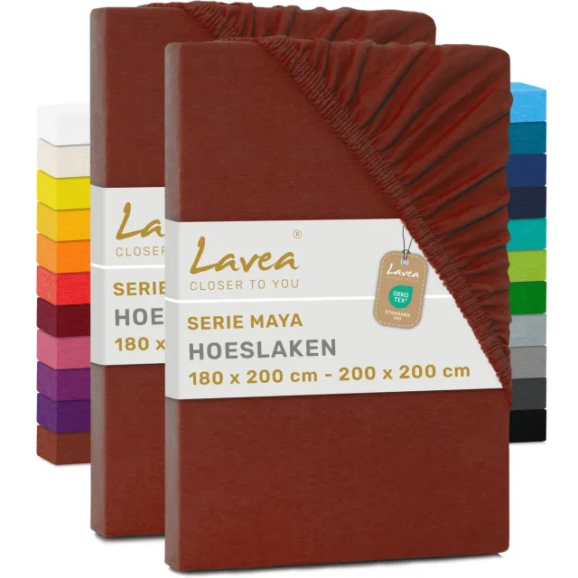 lavea Set van 2 Hoeslakens 180x200 cm – 100% Zacht en Ademend Katoen – voor Dikke Matrassen tot 20 cm – Jersey met Elastiek rondom – Kastanjebruin