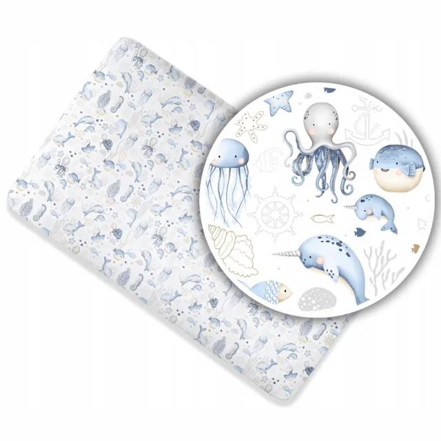 Ankras Merkloos Katoenen Hoeslaken met Elastiek - Baby Blauw Zeedieren