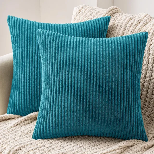 Ibenzoa Set van Twee Corduroy Kussenslopen met Verborgen Ritssluiting – Blauw Meer, 40x40cm