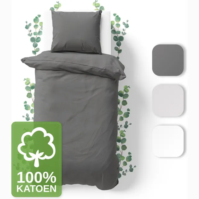 JACOBSON Dekbedovertrek - 135x200 cm + 1 Kussensloop 80x80 cm - 100% katoen - met Rits - Antraciet
