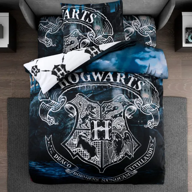 BED GLOW & APPAREL Harry Potter Hogwarts Beddengoedset | Dekbedovertrek 140x200 + Hoeslaken 90x200+25 + Kussensloop 60x70 | 100% Katoen | Zwart-Blauw
