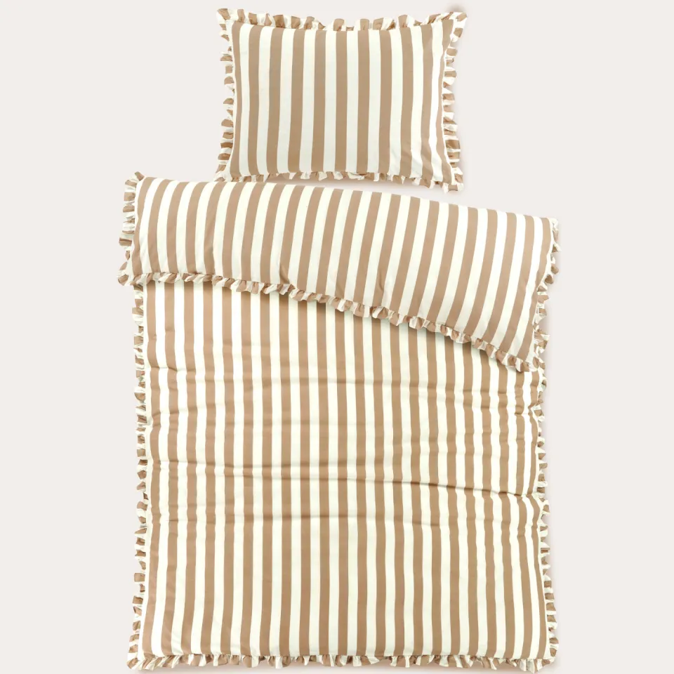 NOUS Kids katoenen gestreepte ruffle kinderdekbedovertrek 140x200 cm - beige, foto 3