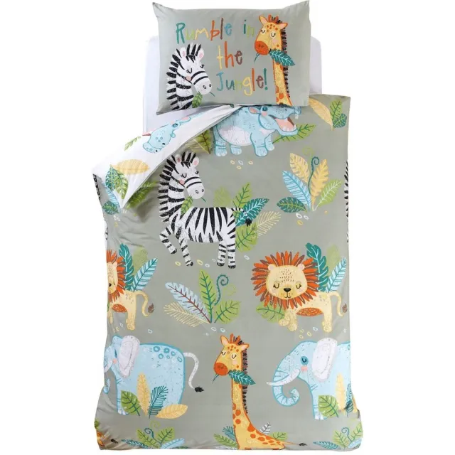 Catherine Lansfield 1-persoons kinder dekbedovertrek (dekbed hoes) pastel groen (grijs - groen) met wilde natuurdieren safari / jungle: giraffe, olifant, zebra, leeuw tussen planten en bladeren eenpersoons 140 x 200 cm (beddengoed jongens & meisjes slaapkamer!)