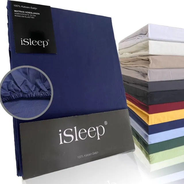 iSleep Katoen-Satijnen Hoeslaken - Hoge Hoek - Rondom Elastiek - Eenpersoons - 80x200+40 cm - Donker Blauw