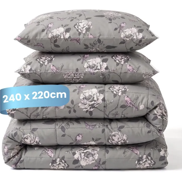 Slaapspeciaal Essential Print Grey Garden - Dekbed zonder Overtrek - Wasbaar Dekbed - Hoesloos Dekbed - All Year Dekbed - 2 in 1 Dekbed - Incl. 2 Kussensloop - 240x220 cm