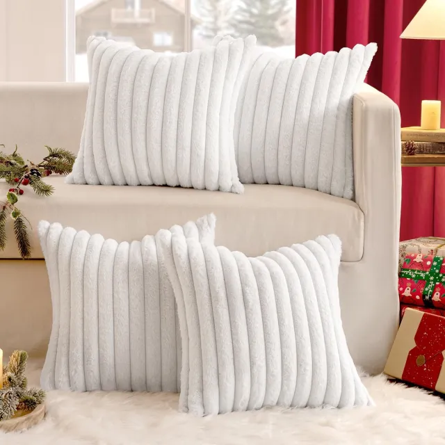 Famanu Pluche kussensloop, 45 x 45 cm, kerstkussensloop, sofakussen, sierkussen, set van 4, wollige kussensloop, zacht, gladde ritssluiting, wasbaar, decoratie voor bank, wit