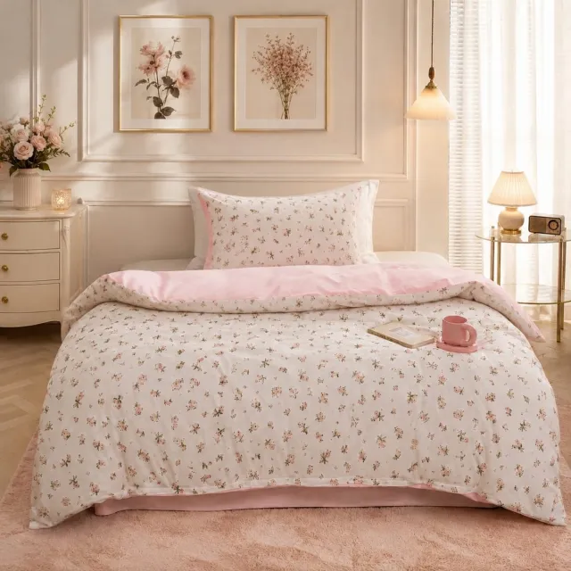 Lano&Go Dekbedovertrekset 135x200 cm roze met bloemen en bladeren, omkeerbaar, microvezel, Oeko-Tex-gecertificeerd, voor mensen met allergieën, met ritssluiting en 1 kussensloop 80x80 cm