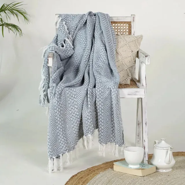 Urbane Hide Handgeweven Zacht Geometrisch Plaid | SierPlaids | 125x155 cm | Met Franjes | 100% Katoen | Lichtblauwe Part F