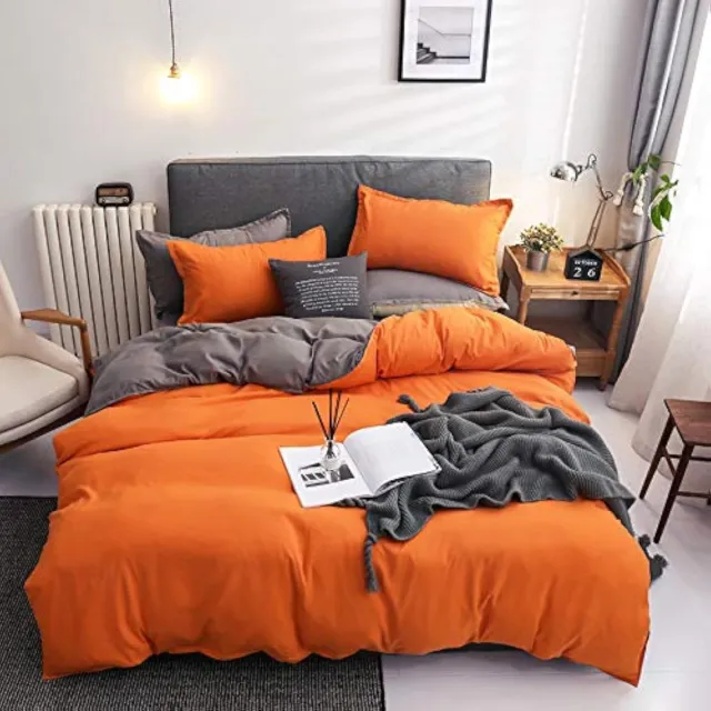 Famanu Beddengoedset van 3 delen in oranje en grijs, 220 x 240 cm, zacht microvezel dekbedovertrek met ritssluiting en 2 kussenslopen van 80 x 80 cm