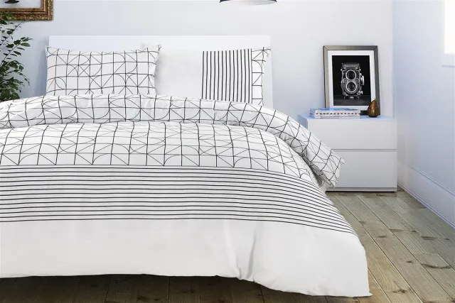 Padiro dekbedovertrek 200 x 240 cm - extra groot XXL - Katoensatijn - Wit / Zwart - Geometrisch patroon - dubbelzijdig design - Met 2 kussenslopen 60 x 70 cm - 3-delig voor 2 personen grijs