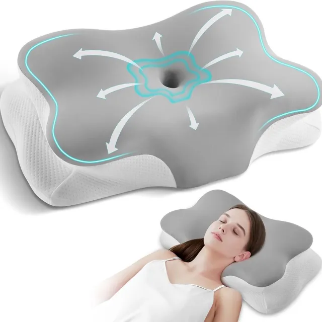 CHOOLY Vlindervormig Nekkussen Van Traagschuim - Ergonomisch Ontwerp - Ademende Hoes Met Langzame Terugvering - Voor Verlichting Van Nek- En Schouderpijn - Geschikt Voor Zij- Rug- En Buikslapers - Grijs & Wit Grijsachtig Wit