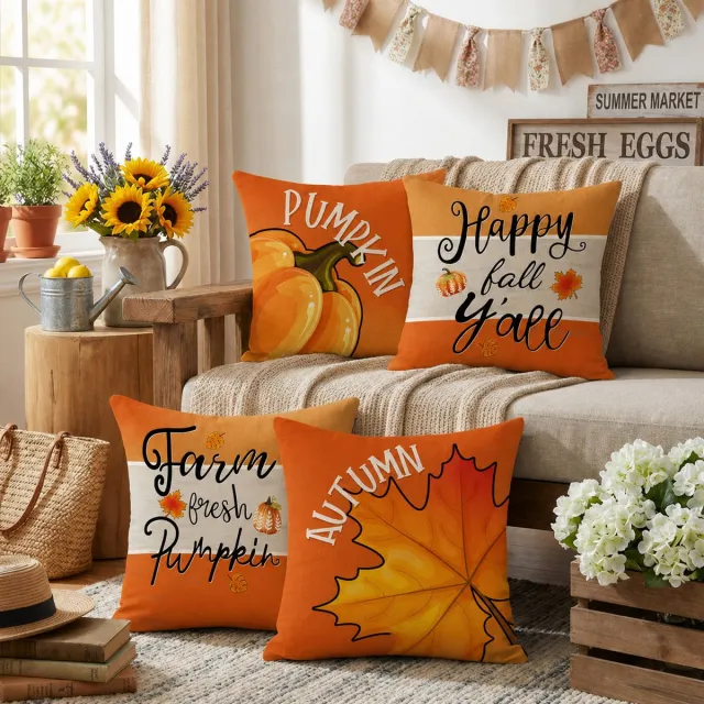 Ulisem Herfst Kussenhoezen 4 Stuks – Decoratieve Sierkussenhoezen 45x45 cm met Pompoen & Esdoornbladeren – Autumn Decoratie Kussenslopen voor Bank, Bed, Tuin & Feest Herfsttinten
