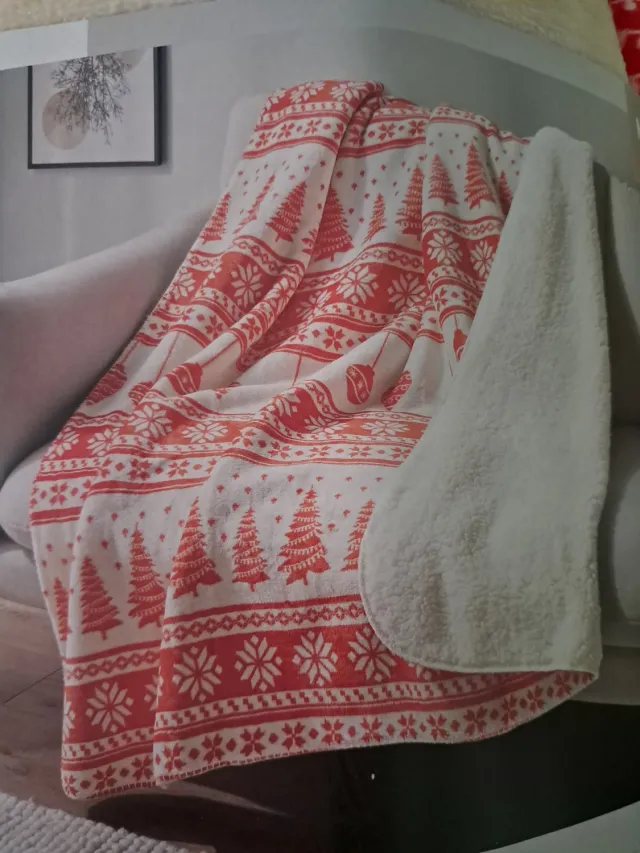 livarno home Knuffeldeken - 140 x 180 cm - Teddy Fleece - Rood / Wit Kerst motieven