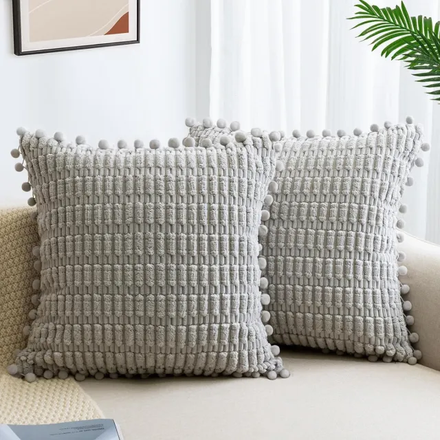 Thuys Set van 2 beige kussenhoezen, 45 x 45 cm, corduroy fluweel, sofakussen, zachte kussenhoezen, boho-kussenslopen, sierkussen, moderne kussens, decoratie voor bank, slaapkamer, thuis, auto grijs