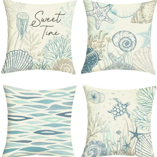 Ibenzoa Kussenhoezen Set van 4 voor Zomer, Nautisch Thema met Zeeschildpad en Oceaan Motieven blauw