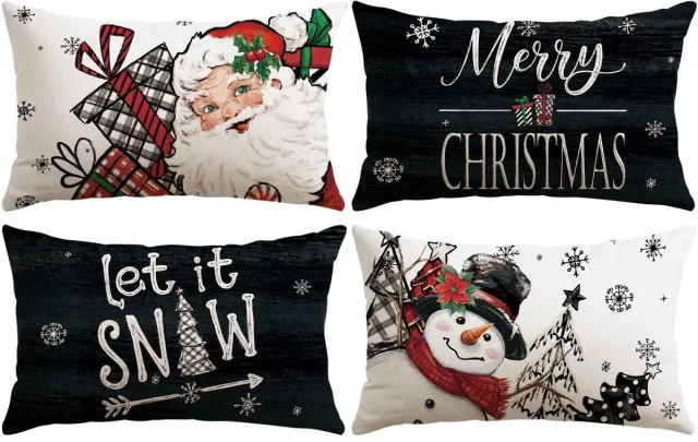 Unyqoos Set van 4 decoratieve kerstkussenhoezen met sneeuwpop en kerstman motieven zwart