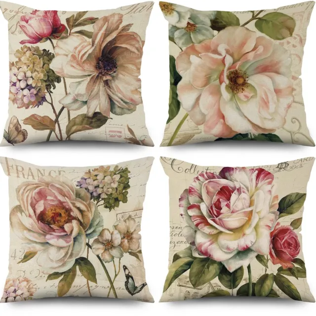 Ibenzoa Retro Bloem Kussensloop, 40 x 40 cm, Set van 4, Wasbaar, Polyester, Vlas Textiel beige