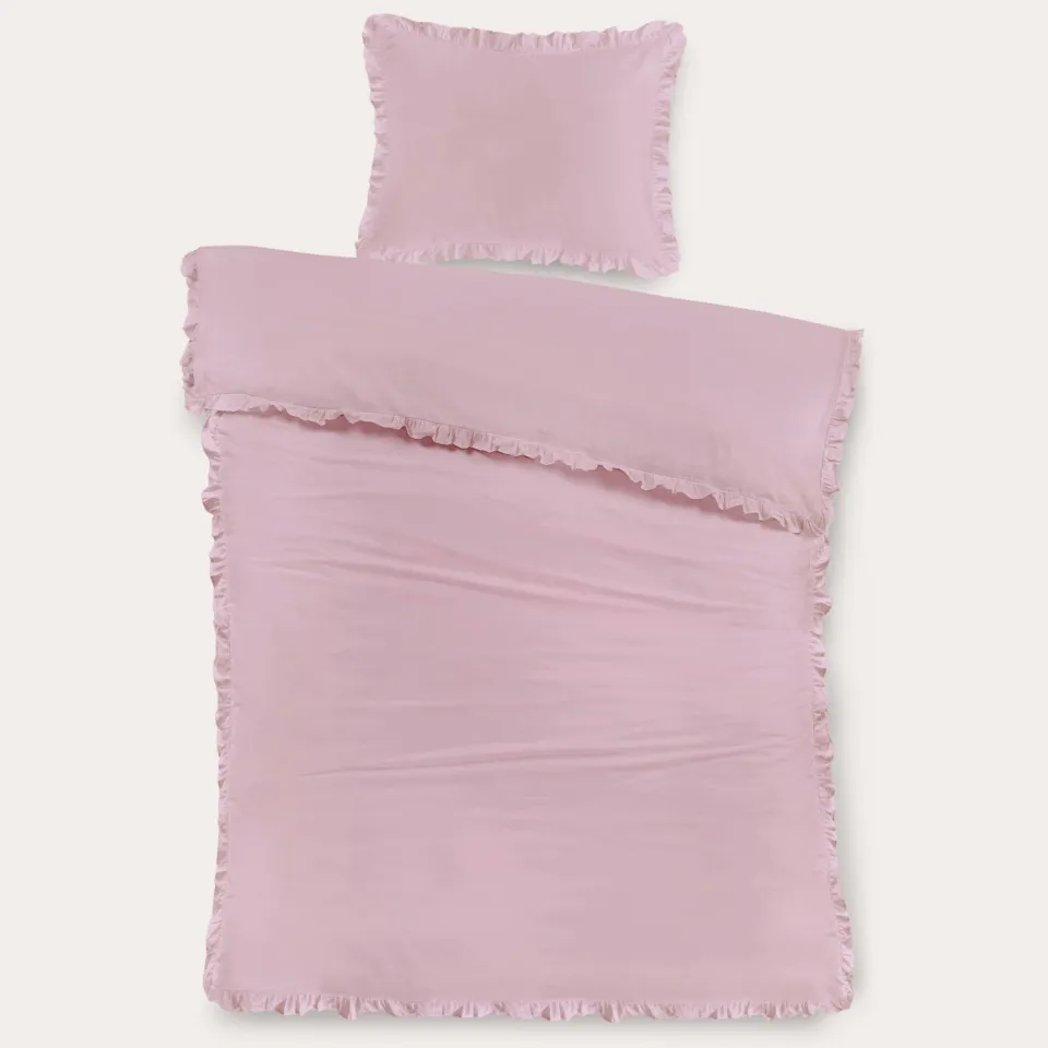 NOUS Living katoenen ruffle dekbedovertrek 1-persoons roze, foto 2