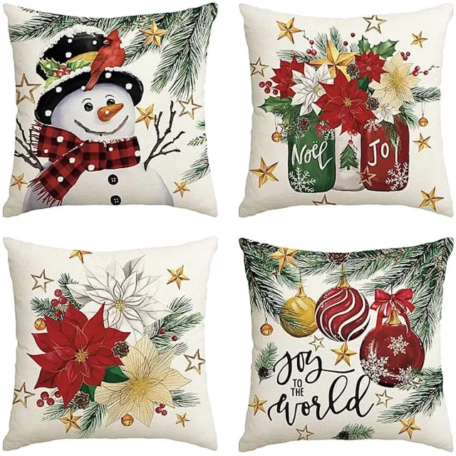 Unyqoos Set van vier decoratieve kussenhoezen met kerstmotieven in linnen Kerstmis