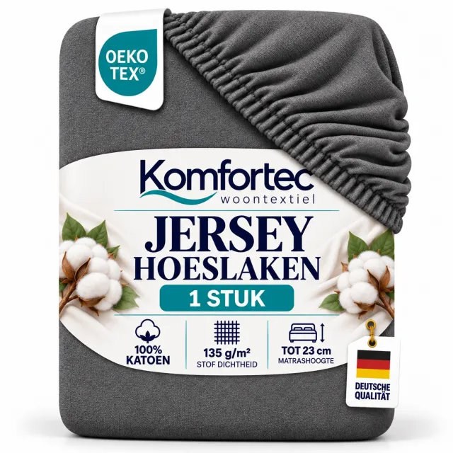 Komfortec Katoen Stretch Hoeslaken 160x200 cm – 100% Katoen – Geschikt voor Matrassen tot 23 cm – Rondom Elastiek – Zacht & Ademend – Antraciet