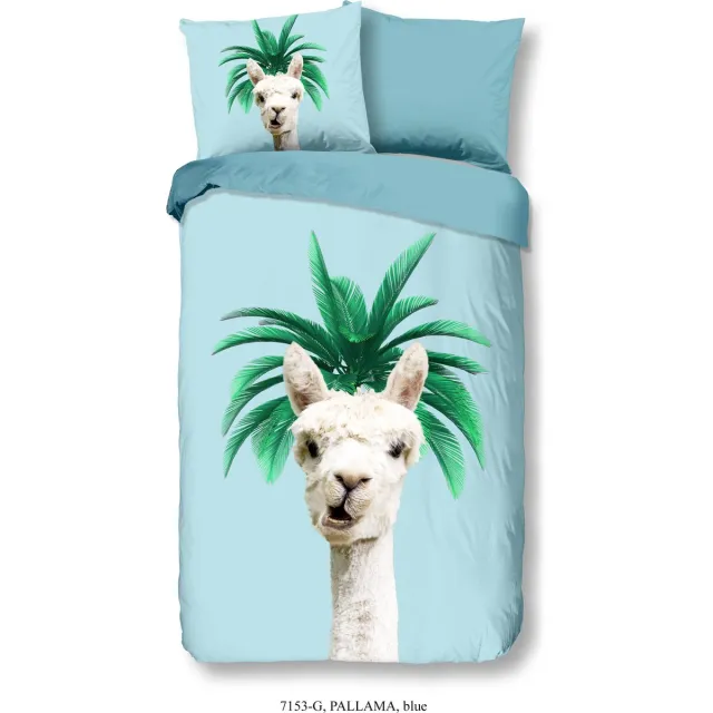 Good Morning dekbedovertrek lama met palmboom - Blauw - 100% Katoen renforce Blue