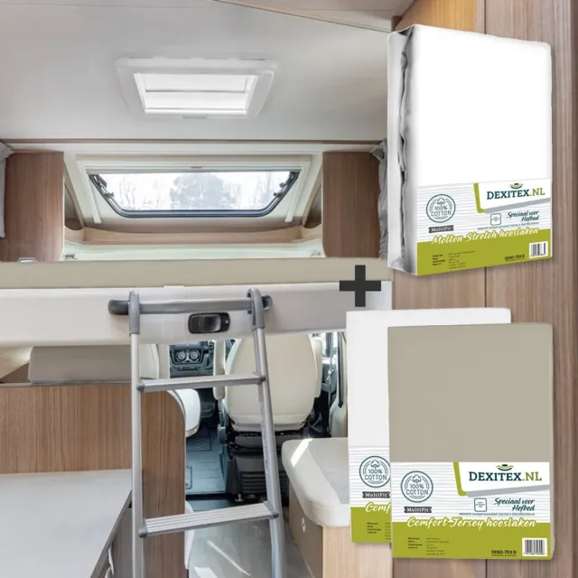 dexitex hefbed 1 x Molton & 2 hoeslakens Wit + Zandkleur / Geschikt voor Camper 1 x Molton + 2 Hoeslakens (Wit + Zandkleur)