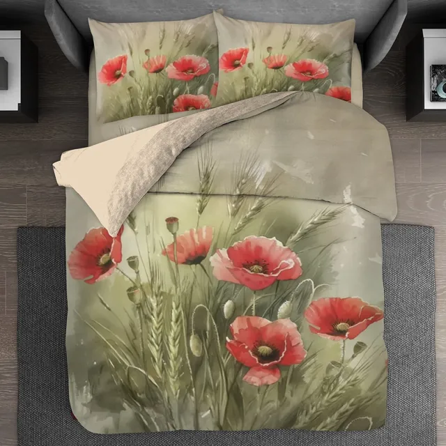 BED GLOW & APPAREL Dubbele persoons Dekbedovertrekset 200 x 200 cm en 2 kussensloops 60x70 cm - 100% katoen - Bloemen Patroon - Vastgemaakt met een praktische ritssluiting Bloem patroon - groen met rood bloemen