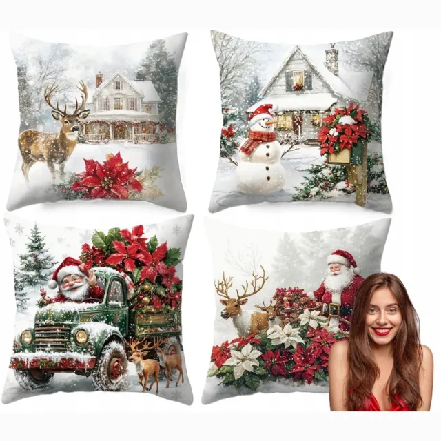 Szwalnia Kołobrzeska 4x Kerst Kussenhoezen winterdecoratie 45x45 cm Winterse en kerstmotieven