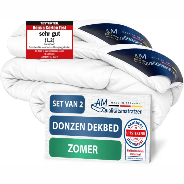 AM Qualitätsmatratzen 100% dons - Set van 2 Hoogwaardig donzen zomerdekbed 155x220 - Zomerdekbed 155x220 cm - Mee-ademend donsdekbed voor in de zomer - Inlegwerk van katoen Wit
