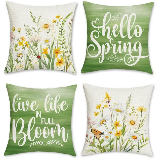 Ibenzoa Set van 4 Decoratieve Kussenhoezen met Lente Bloemenmotief in Geel en Groen voor Binnen en Buiten