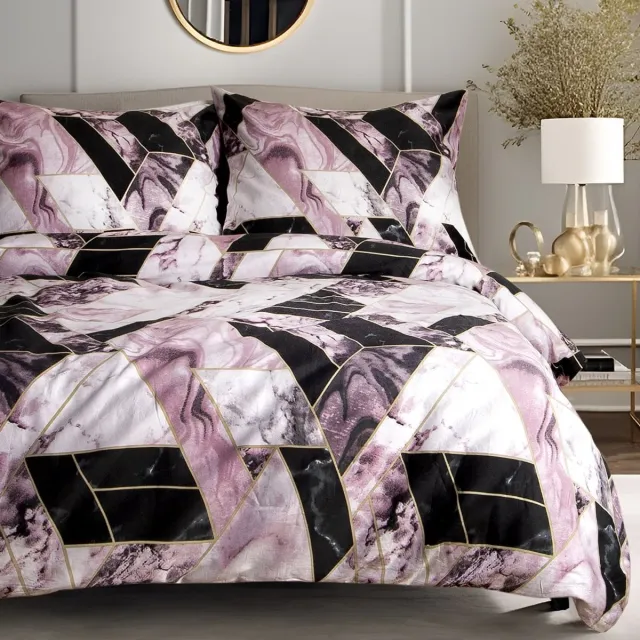 Darymex Satynlove Dekbedovertrek 220x200 cm - Zwart / Roze - Geometrisch Marmer - 100% Katoen-Satijn - Lits-Jumeaux - Met Ritssluiting - OEKO-TEX® - Met 2 Kussenslopen 70x80 cm Zwart | Roze