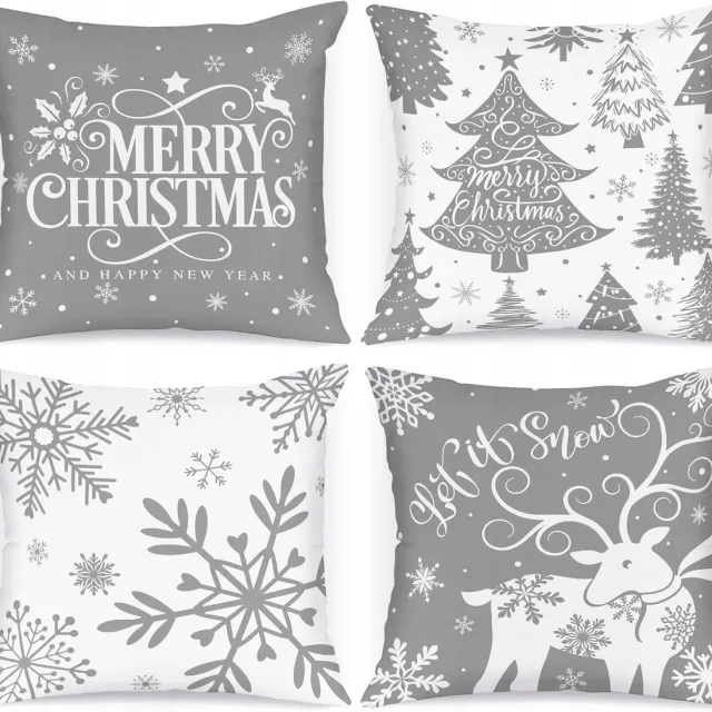 4Life 4x Kerst Kussenhoezen 50x50 cm - Decoratieve Sierkussens Grijs