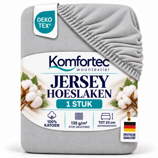 Komfortec Katoen Stretch Hoeslaken 180x200 cm – 100% Katoen – Geschikt voor Matrassen tot 23 cm – Rondom Elastiek – Zacht & Ademend – Grijs