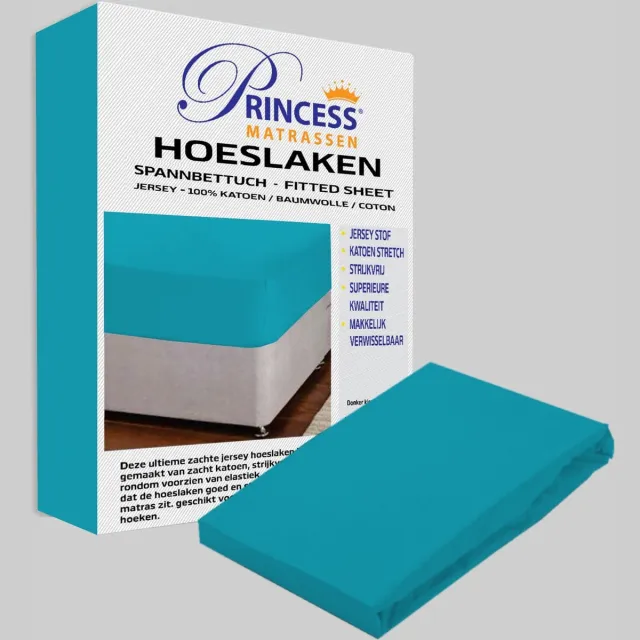 Princessmatrassen Het Ultieme Zachte Hoeslaken- Jersey -Stretch -100% Katoen-Lits-Jumeaux- 200x220+40cm-Turquoise- Voor Boxspring-Waterbed