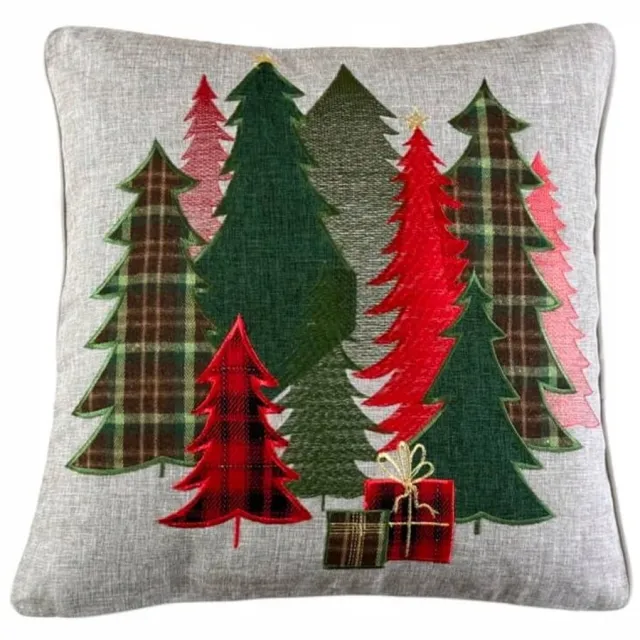 DeHome Kerst Kussenhoes 40x40 cm Grijs met Kerstbomen - Winterdecoratie