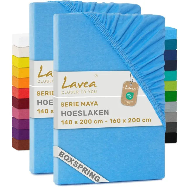 lavea Set van 2 Hoeslakens 140x200 cm – voor Dikke Matrassen tot 35 cm, voor Boxspring & Waterbed – 100% Katoen – met Elastiek – Hoge Kwaliteit – Hemelsblauw