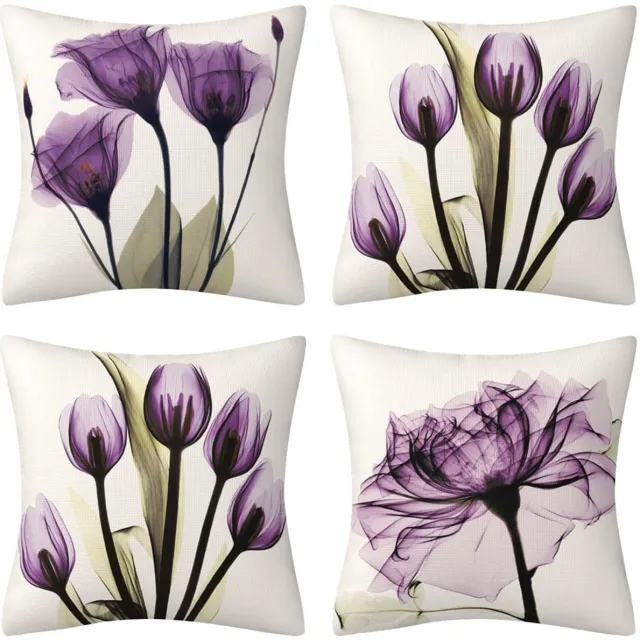 Ibenzoa Set van 4 moderne decoratieve kussenslopen met paarse tulpenmotief