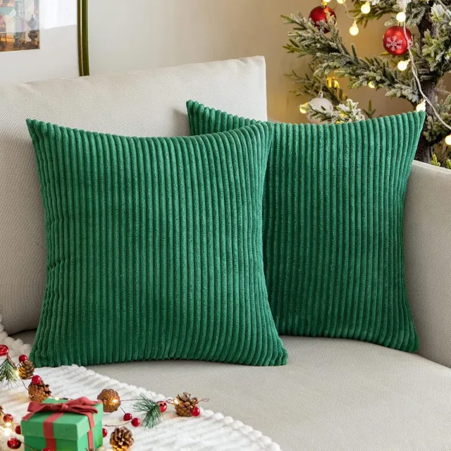 Famanu Corduroy kussenhoezen 40x40 cm donkergroen set 2, decoratief met verborgen rits, bankkussen voor woonkamer