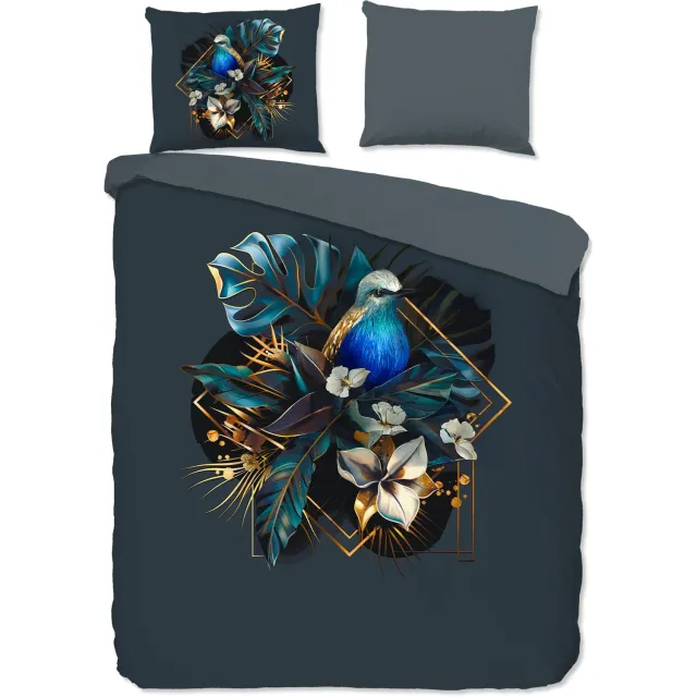 Pure dekbedovertrek bladen en een vogel omlijst in goud - Lits jumeaux 240x200/220 cm - Donkerblauw - Microvezel Dark Blue