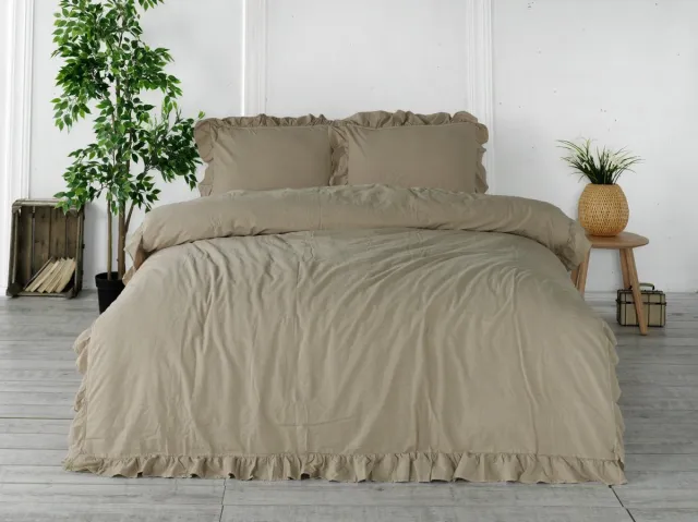 Darymex Katoenen Dekbedovertrek 160x200 cm - Beige - Met Roesjes / Ruches - Gestructureerd 100% Katoen - Met 2 Kussenslopen
