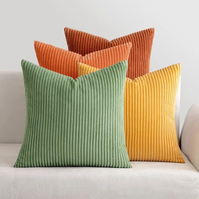 Famanu Corduroy ribfluweel kussenhoezen set van 4 (40x40 cm) – lente decoratie – gestreept – oranje/groen serie Serie Groen Oranje