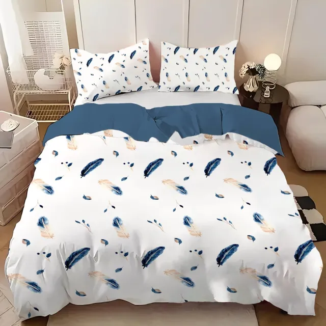 Unyqoos Stijlvolle beddengoedset met verenpatroon en zachte microvezel voor ultiem comfort wit blauw
