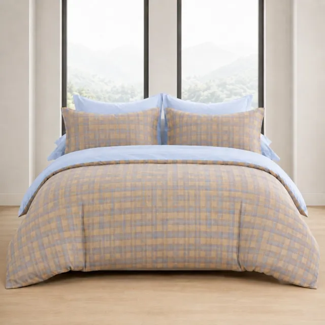 MeiLun Home Loom Check Dekbedovertrek – 240 x 220 cm – 160 x 200 cm + 32cm Hoeslaken+ 2 kussenslopen van 50 × 70 cm – Morning Plaid – Lits – Jumeaux